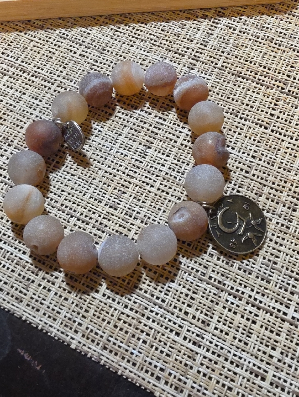 Matte Frosted Agate Bead Bracelet with Coin Charm - Multicolor